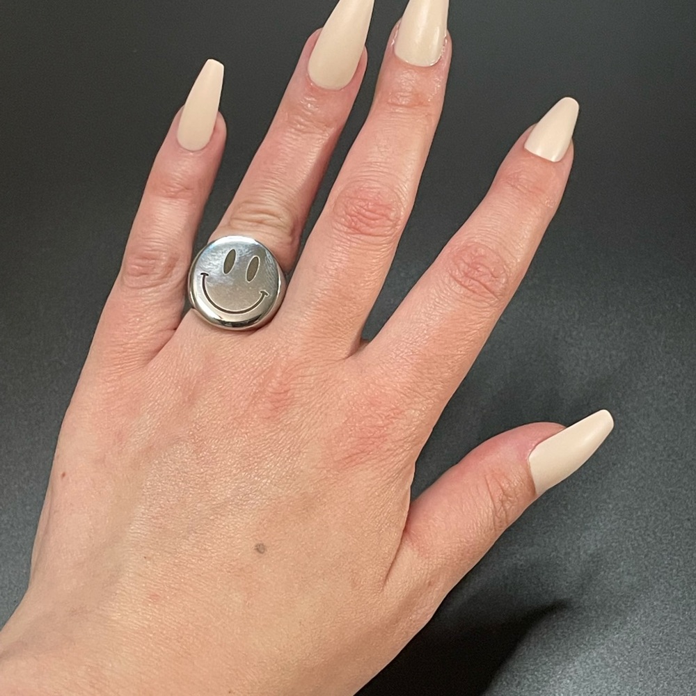 Silver stainless steel smiley ring